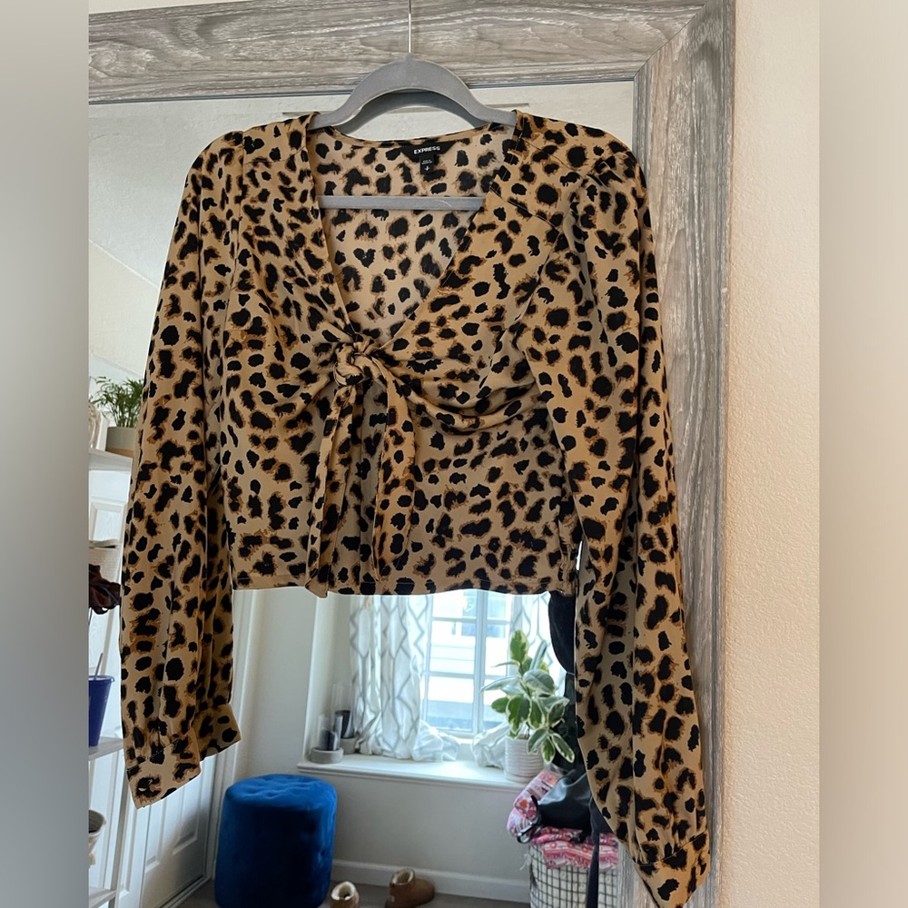 Express women’s satin leopard print long sleeve tie neck shirt small